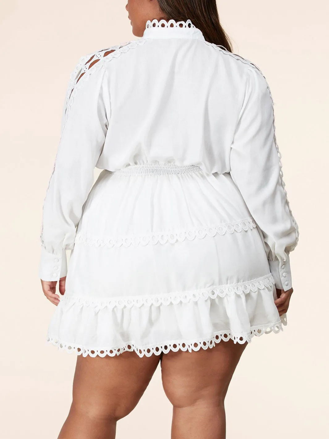 PLUS SIZE LONG SLEEVE SMOCK WAIST EYELET DETAIL MINI DRESS