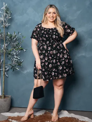 PLUS SIZE SHORT SLEEVE SMOCK FLORAL MINI DRESS