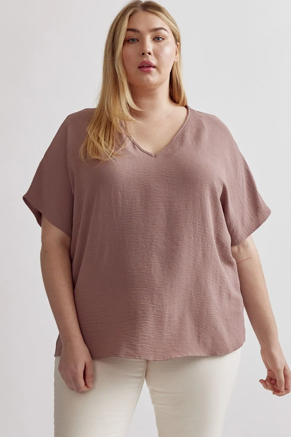 Plus Size V-Neck Loose Top- Mocha