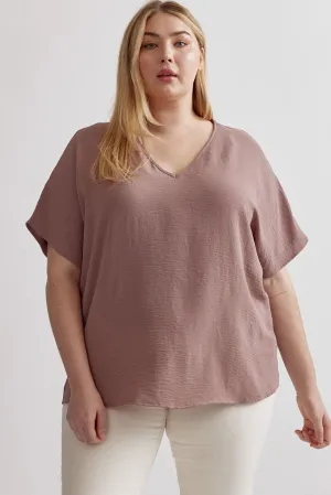 Plus Size V-Neck Loose Top- Mocha