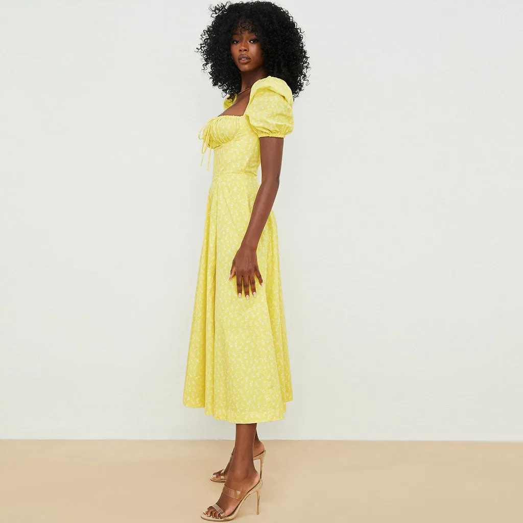 Printed Puff Sleeve High Slit Smock Maxi Sundress - Dark Yellow