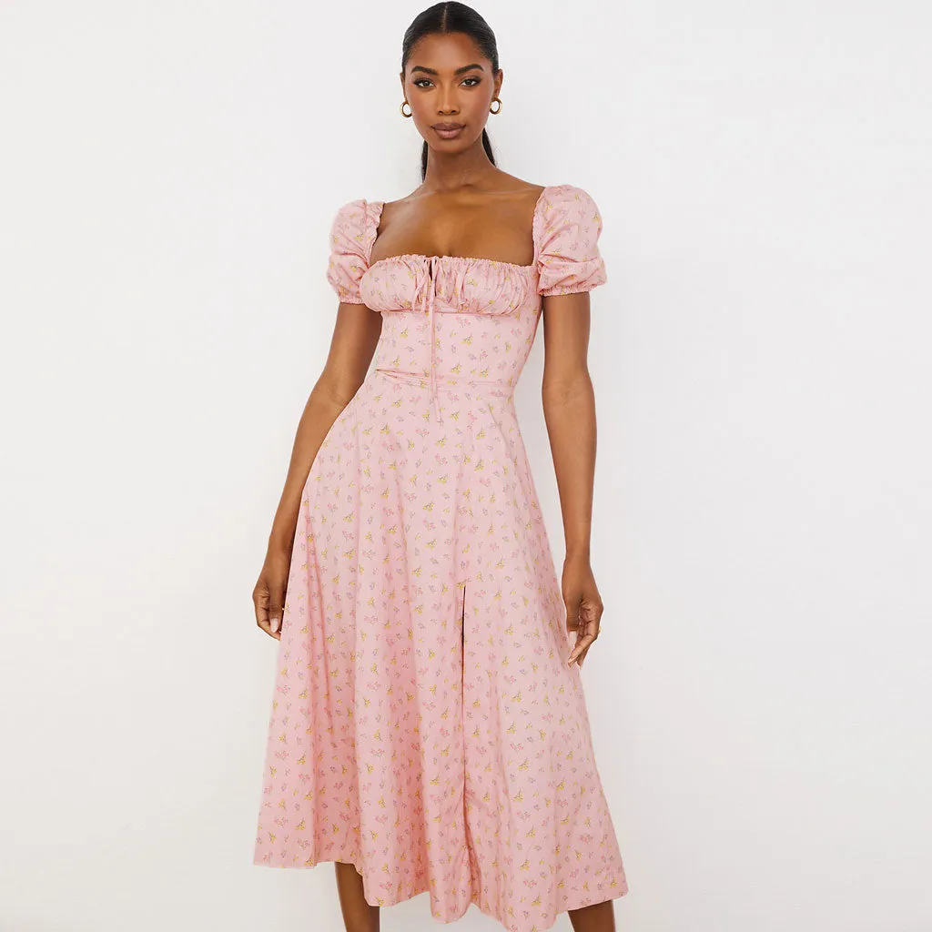 Printed Puff Sleeve High Slit Smock Maxi Sundress - Pink