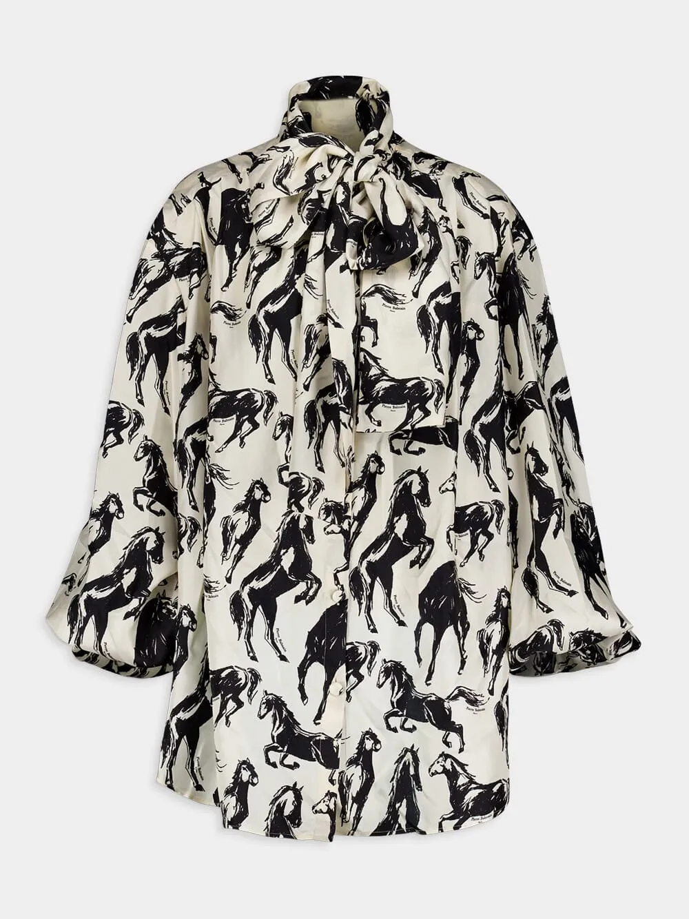 Printed Silk Tie-Neck Shirt