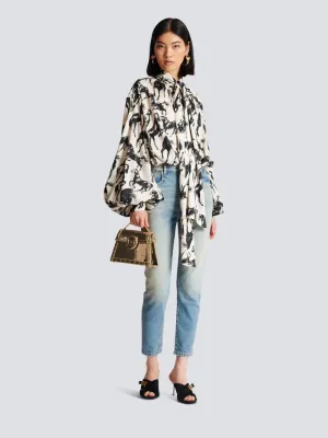Printed Silk Tie-Neck Shirt