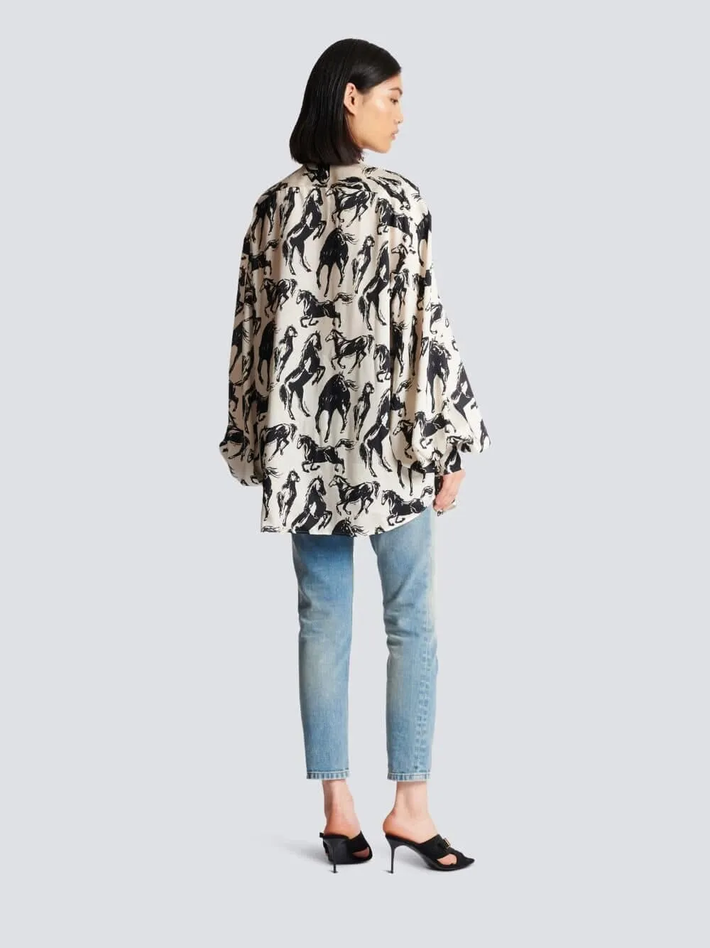 Printed Silk Tie-Neck Shirt