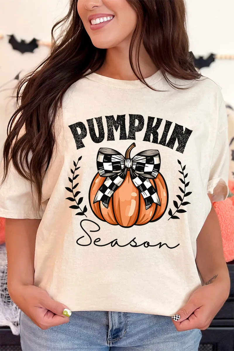 Pumpkin Season Checkered Bow Short Sleeve Relaxed Fit T-Shirt