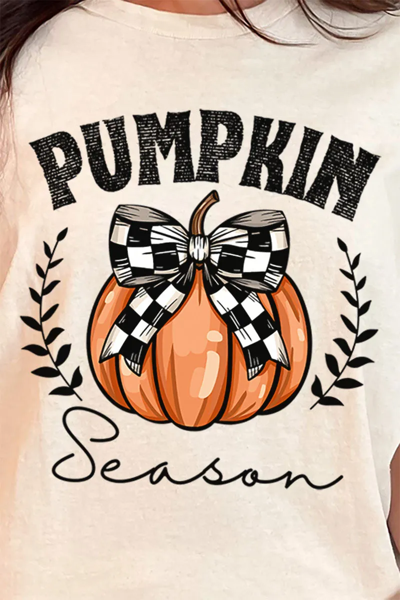 Pumpkin Season Checkered Bow Short Sleeve Relaxed Fit T-Shirt