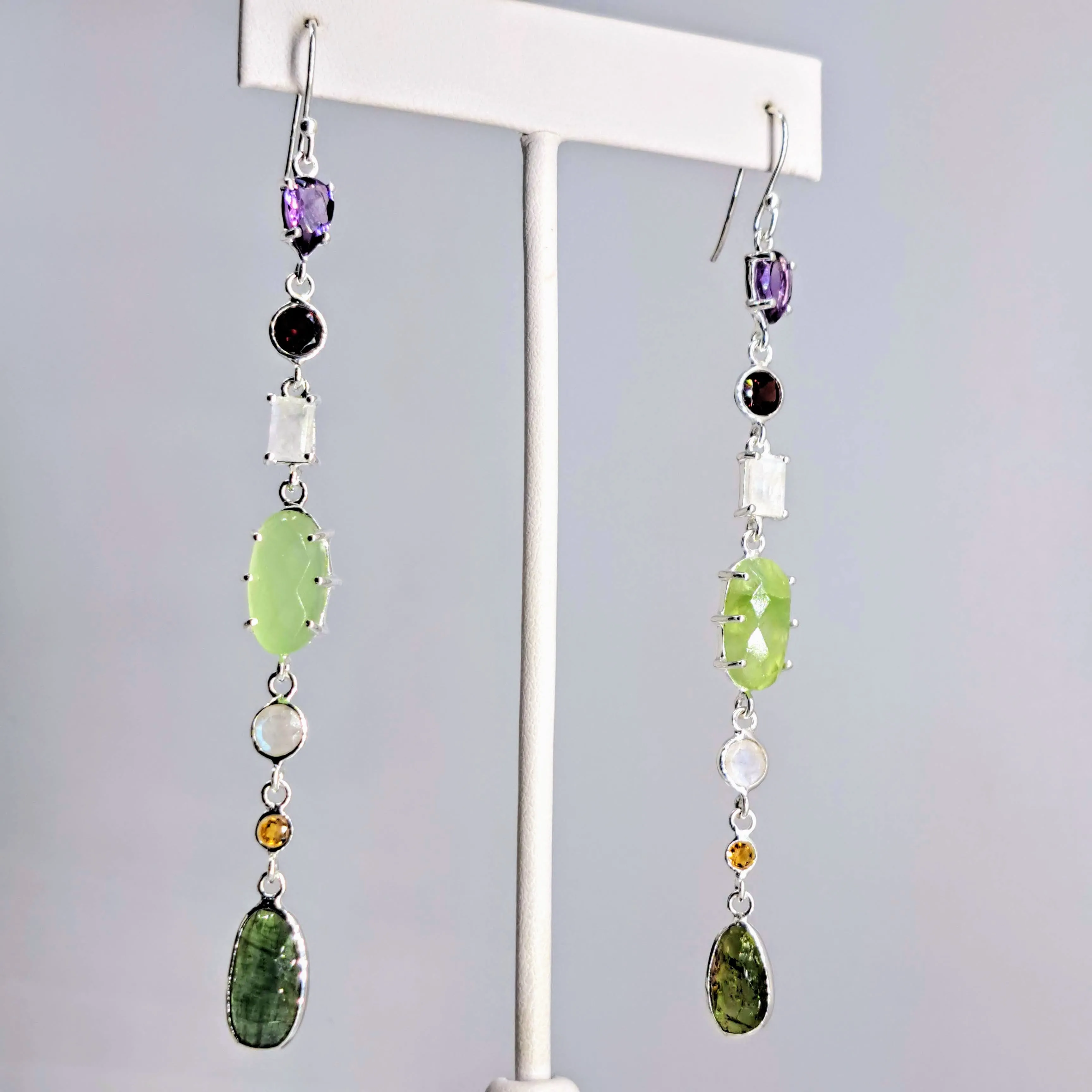 "Shoulder Dusters" 4" Earrings - Mixed Gems, Sterling or Gold Sterling