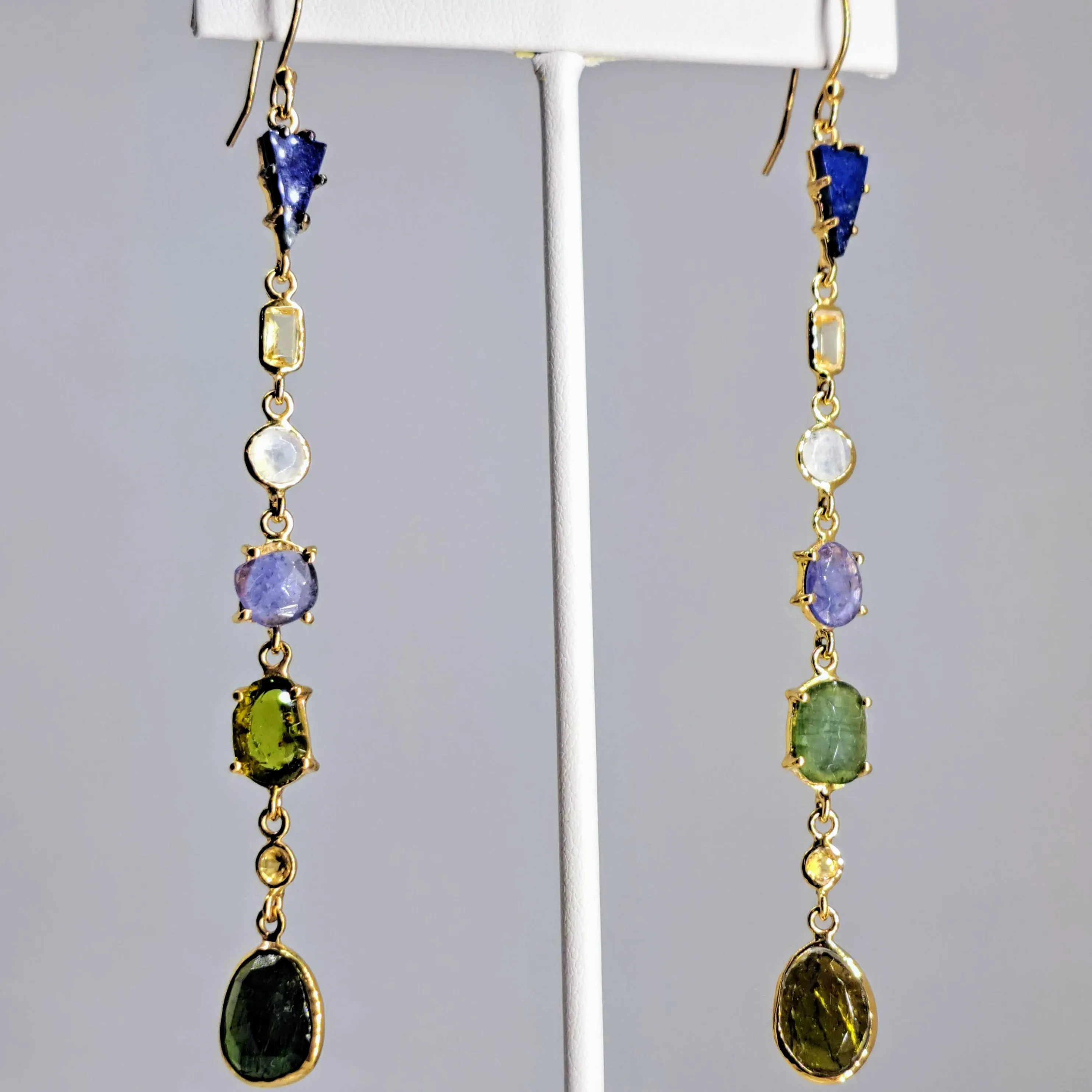 "Shoulder Dusters" 4" Earrings - Mixed Gems, Sterling or Gold Sterling