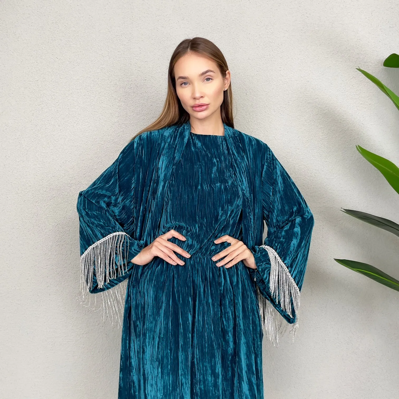 RAM23 TEAL VELVET EVENING ABAYA SET