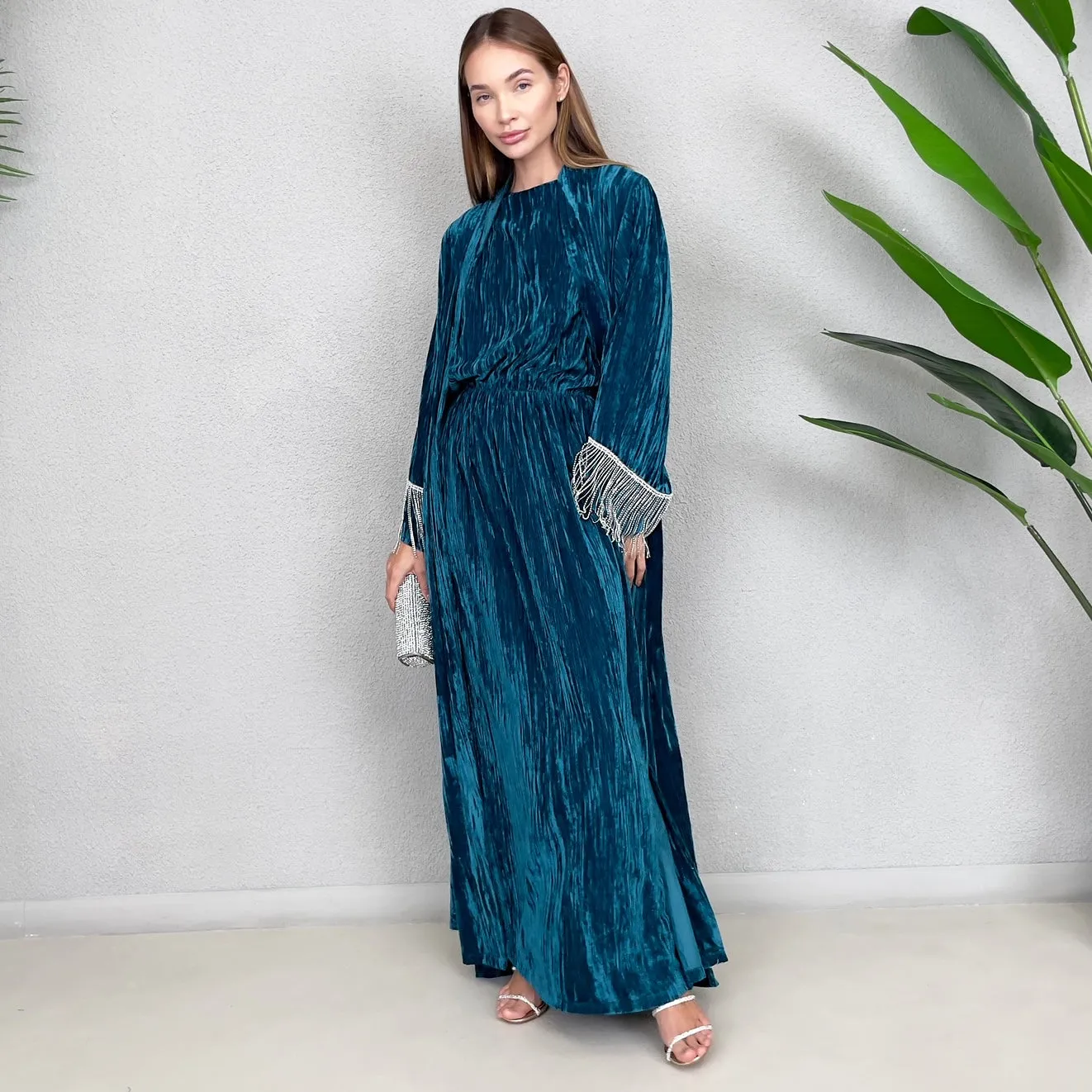 RAM23 TEAL VELVET EVENING ABAYA SET