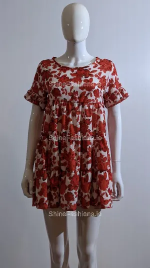 Red Floral Print Tiered Smock Dress