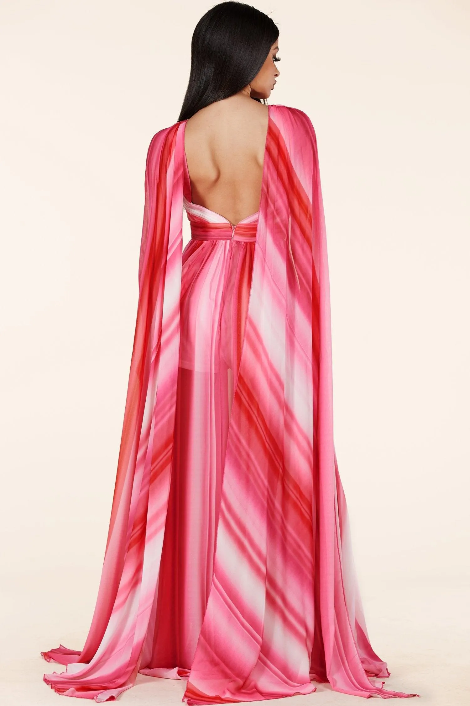 RED PINK MIX MAXI DRESS HALTER KEYHOLE FRONT