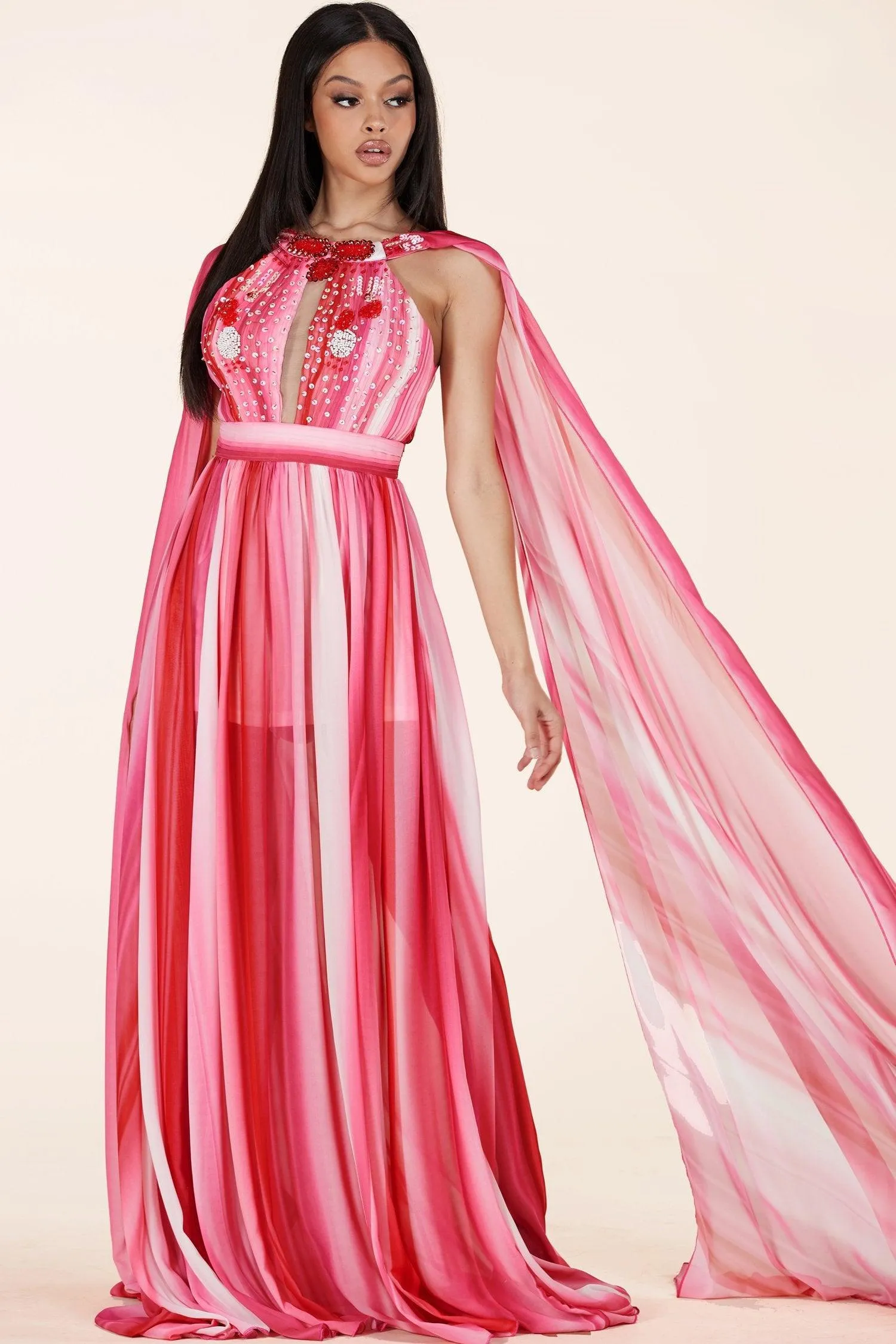 RED PINK MIX MAXI DRESS HALTER KEYHOLE FRONT