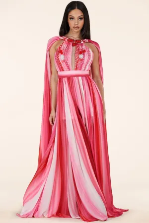 RED PINK MIX MAXI DRESS HALTER KEYHOLE FRONT