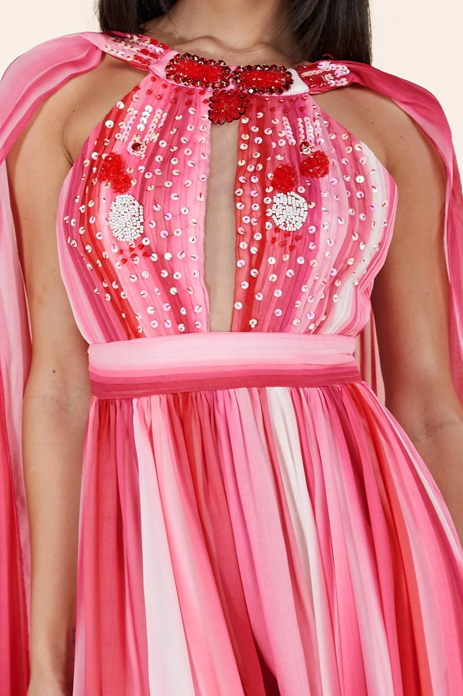 RED PINK MIX MAXI DRESS HALTER KEYHOLE FRONT