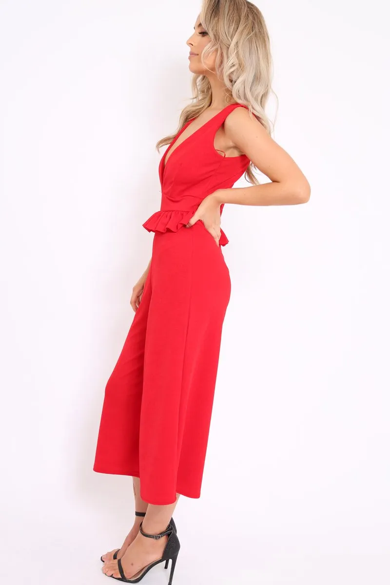 Red Plunge Neck Frill Waist Culottes Jumpsuit - Camille