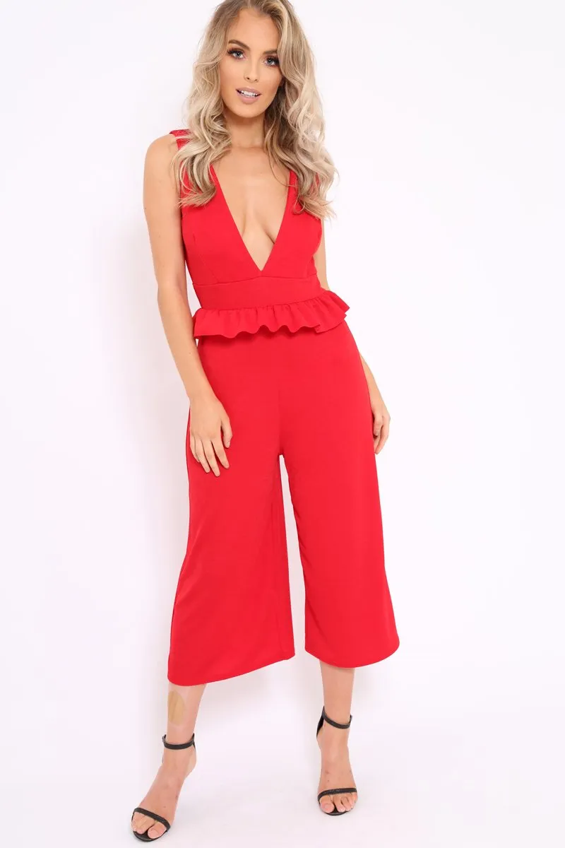 Red Plunge Neck Frill Waist Culottes Jumpsuit - Camille