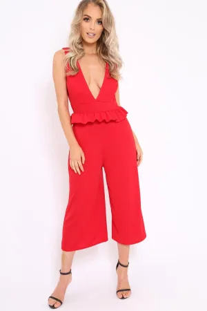 Red Plunge Neck Frill Waist Culottes Jumpsuit - Camille