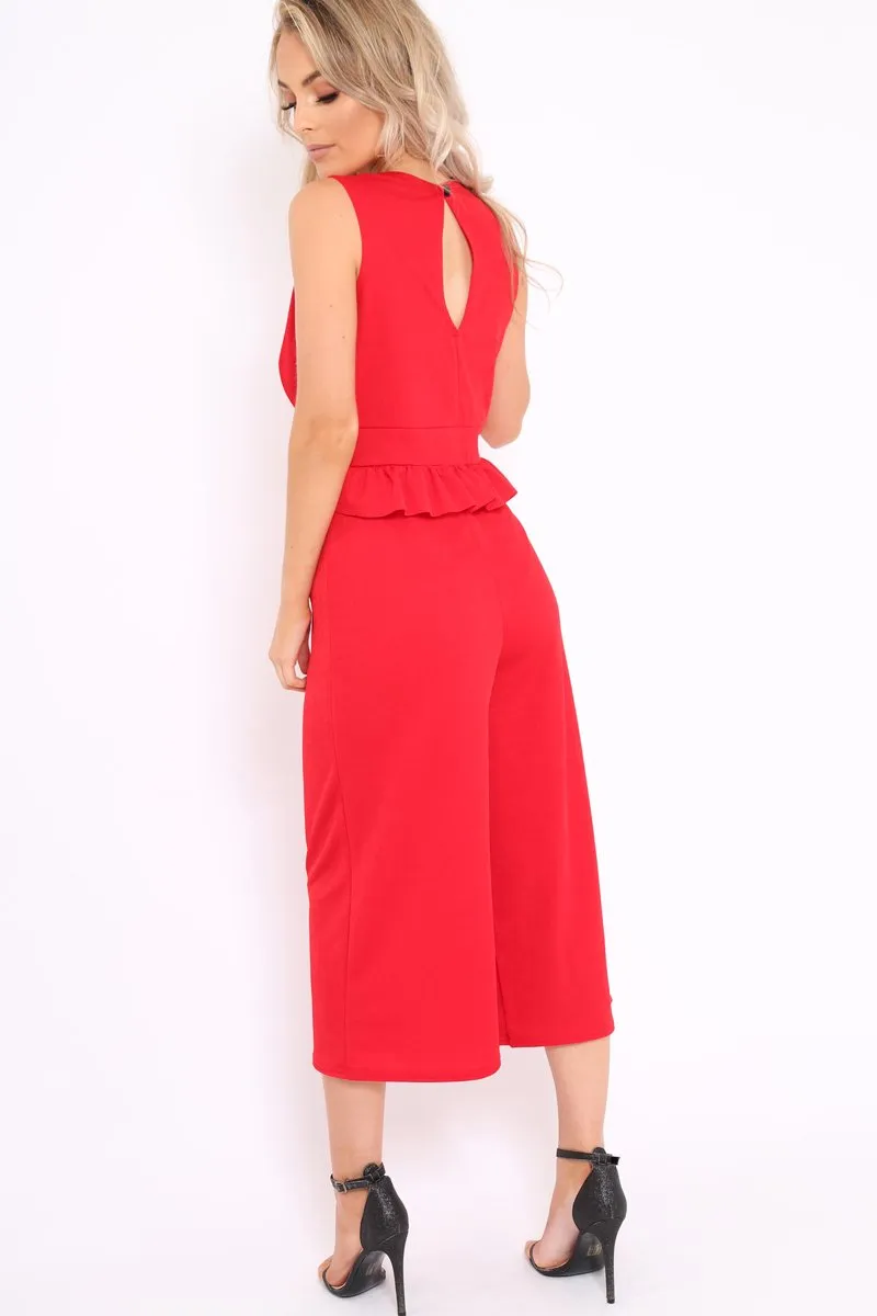Red Plunge Neck Frill Waist Culottes Jumpsuit - Camille