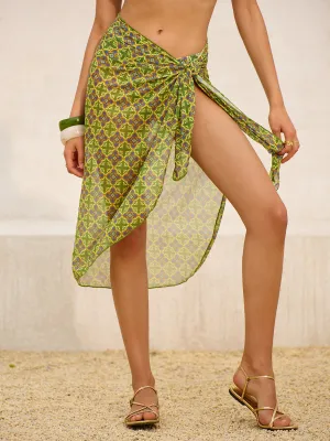 Retro Print Tie-Waist Mesh Cover-Up
