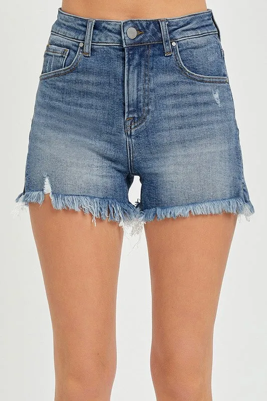 RISEN High Rise Side Slit Denim Shorts – Medium Wash