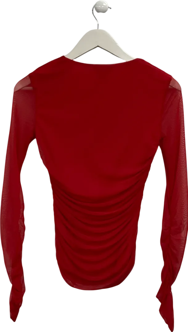 River Island Red Asymmetric Neck Ruched Mesh Top UK S