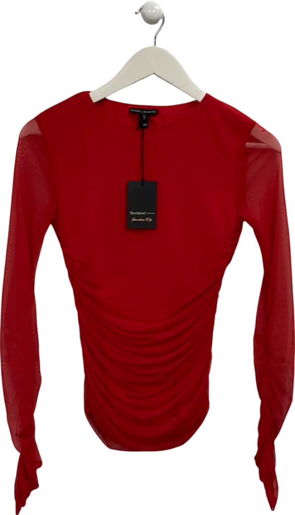 River Island Red Asymmetric Neck Ruched Mesh Top UK S