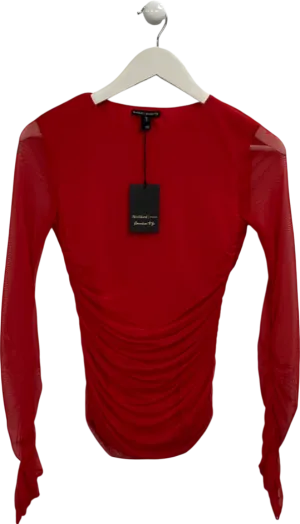 River Island Red Asymmetric Neck Ruched Mesh Top UK S