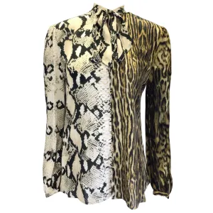 Roberto Cavalli Ivory / Tan / Black Multi Animal Print Tie-Neck Paneled Top