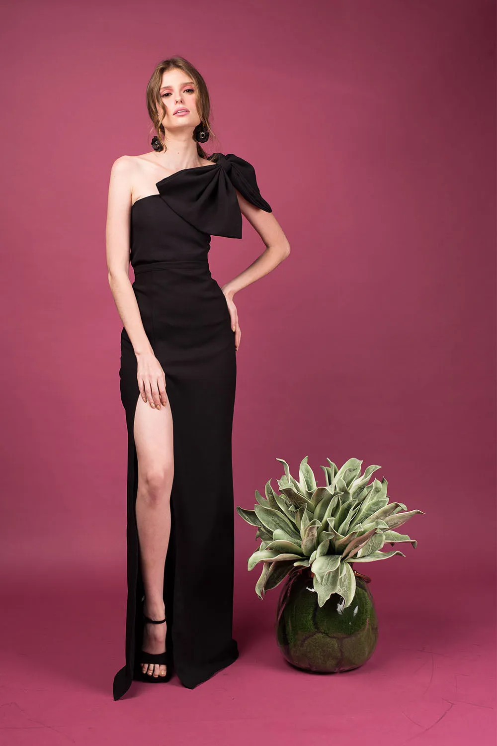 ROMINA Dress Set: Crepe Bow Top   High Slit Skirt (Black)