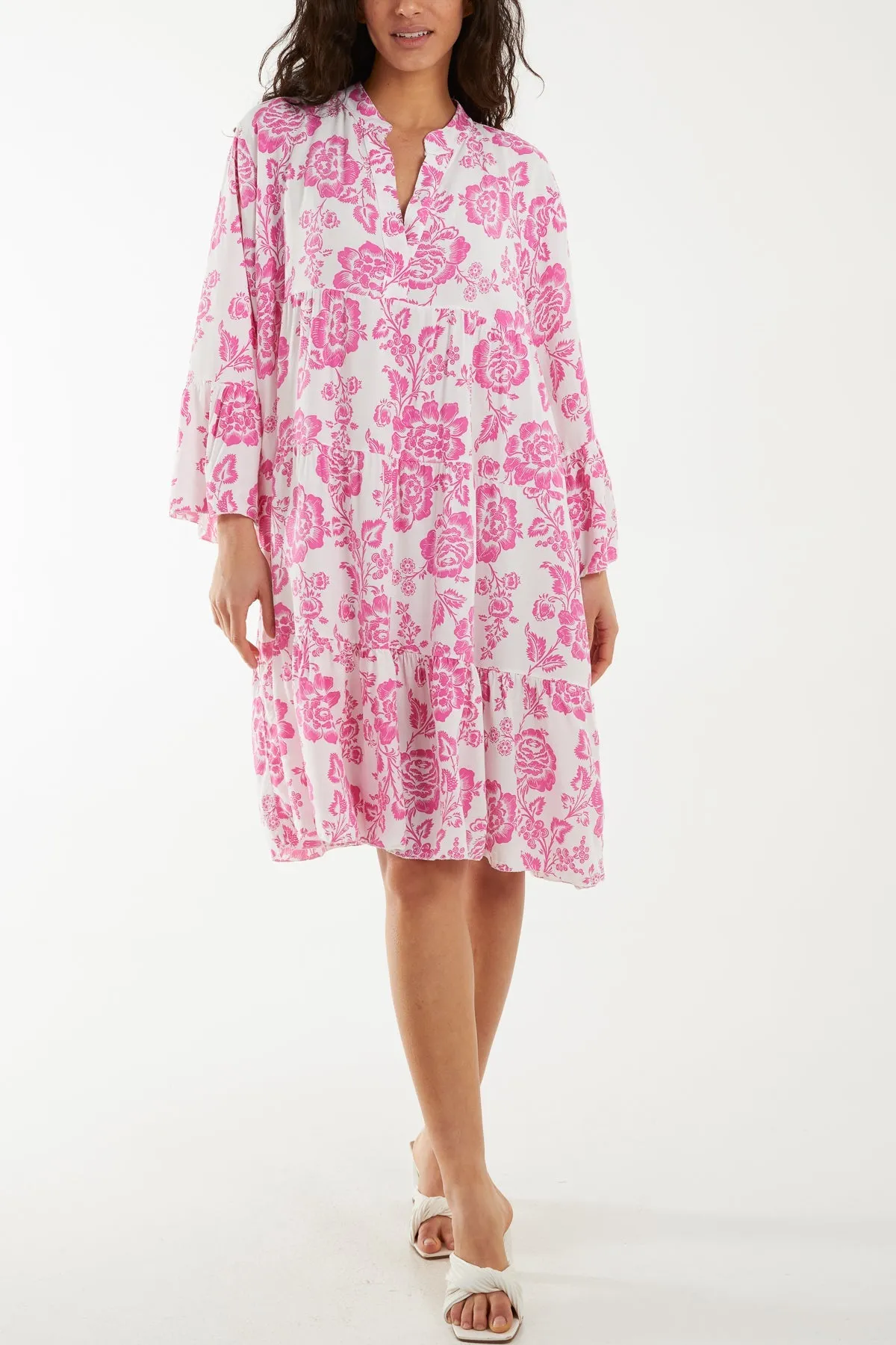 Roses Print Tiered Smock Dress