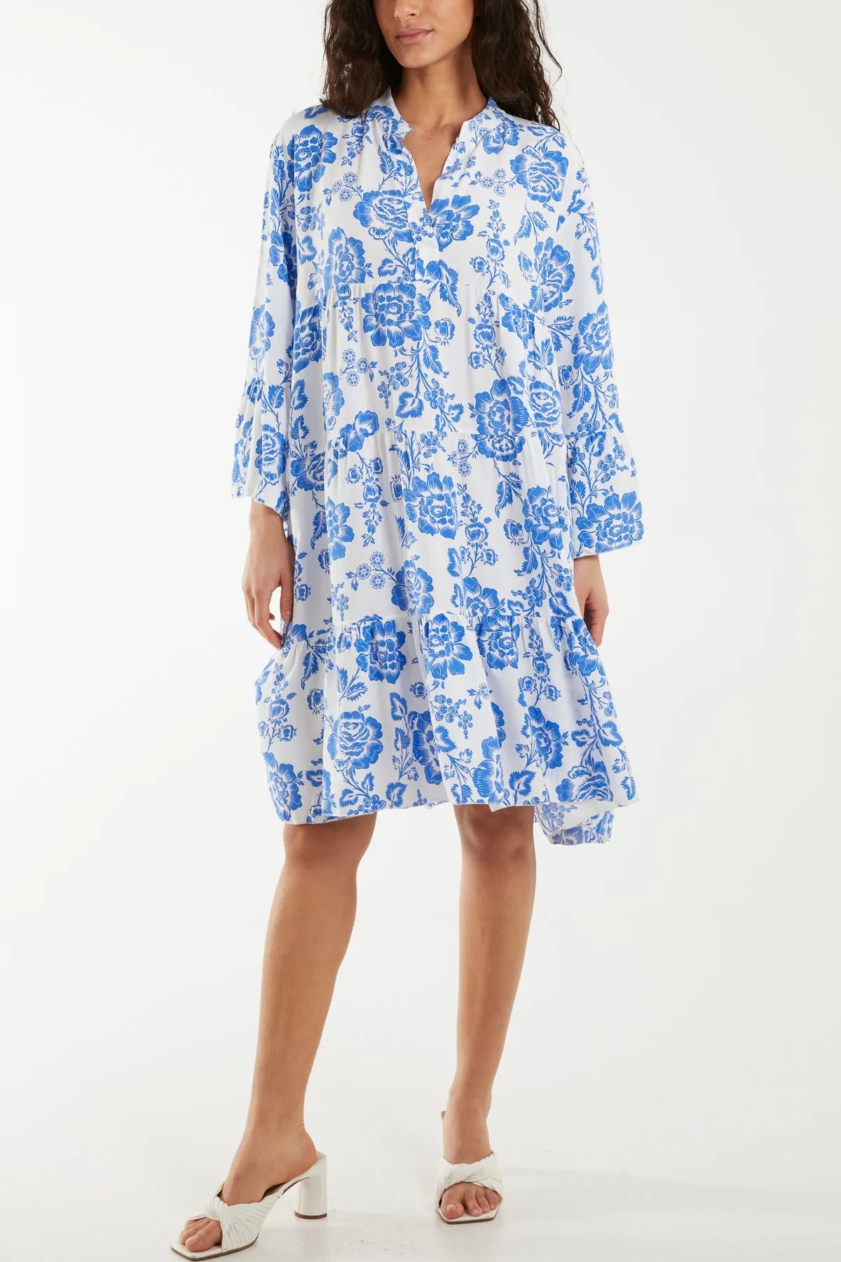 Roses Print Tiered Smock Dress