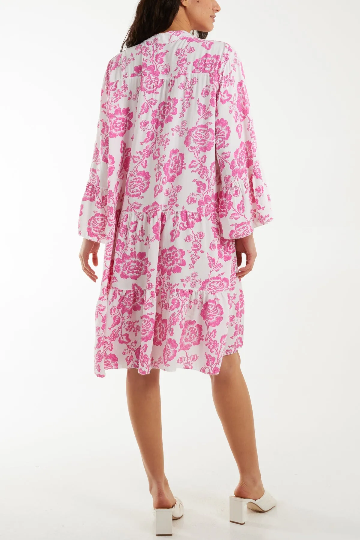 Roses Print Tiered Smock Dress