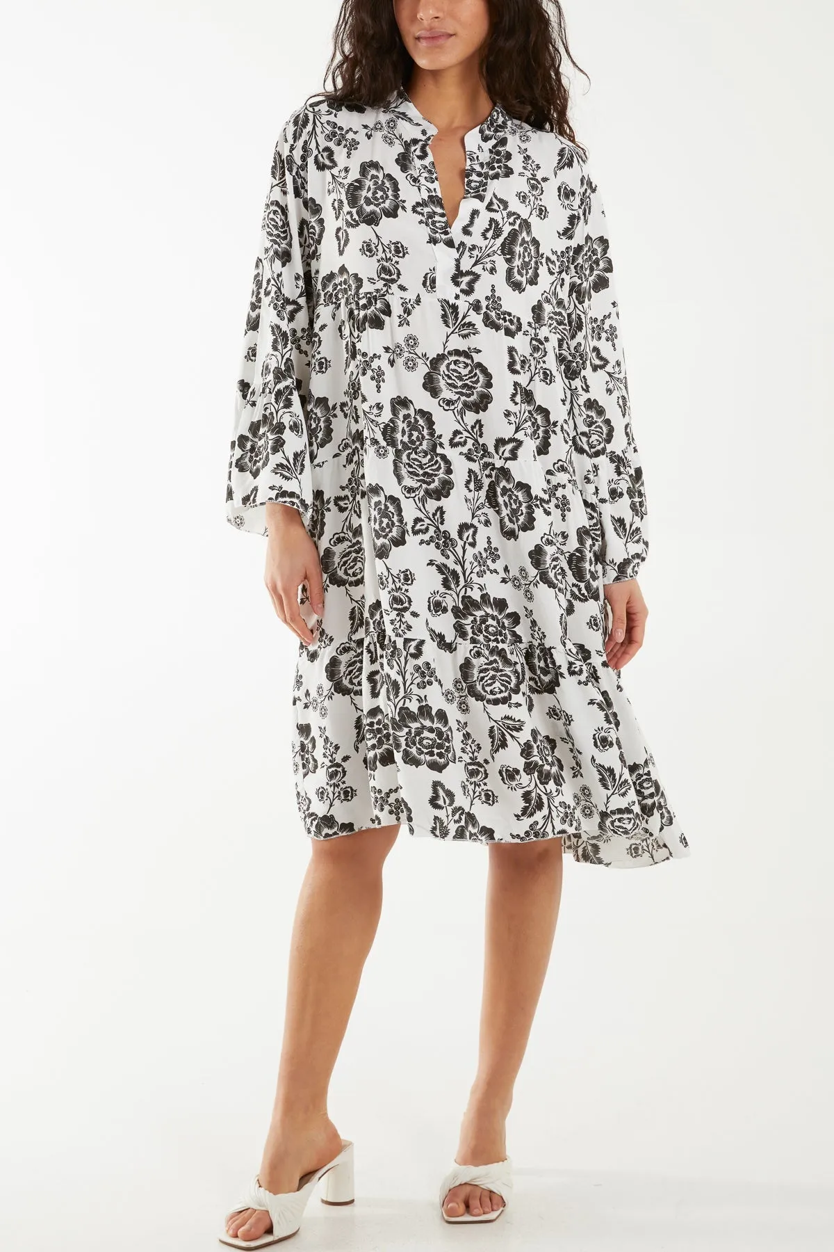 Roses Print Tiered Smock Dress