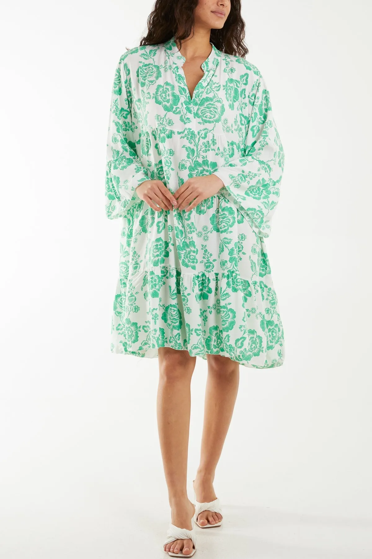 Roses Print Tiered Smock Dress