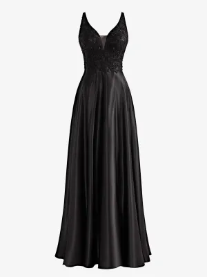 Roycebridal Colette | Black A-Line V-Neck Satin Prom Dress with Slit