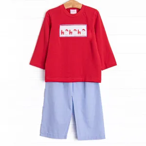 Santa's Coming Smocked Pant Set, Blue Gingham