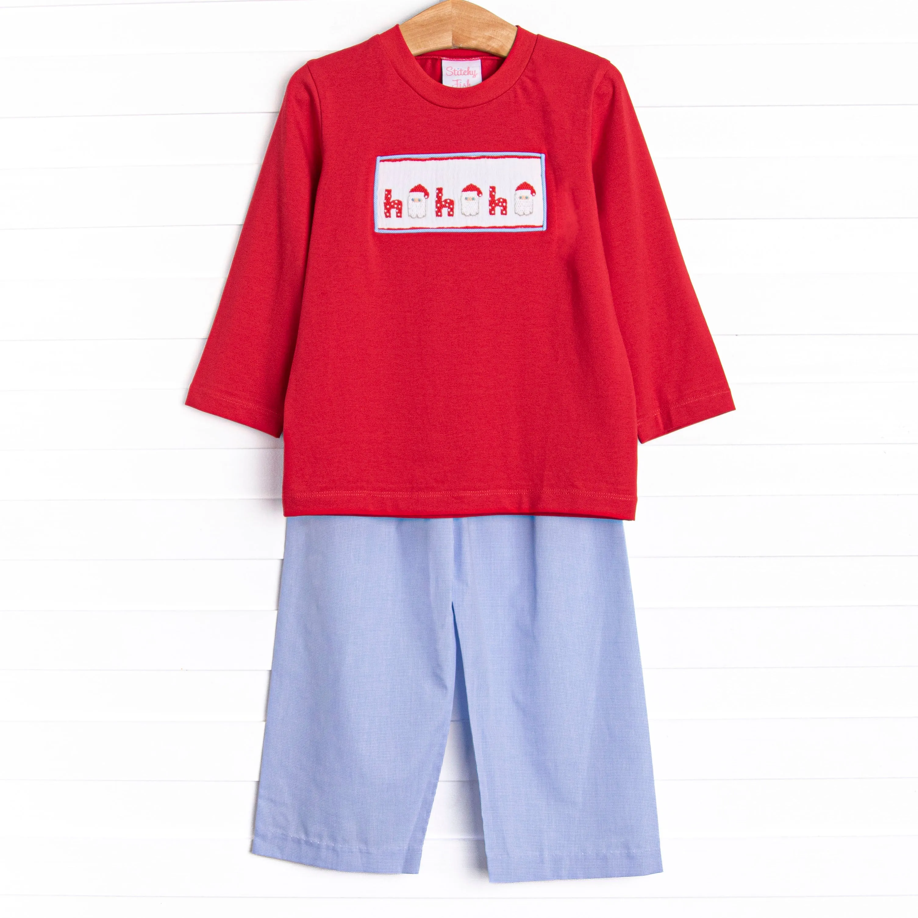 Santa's Coming Smocked Pant Set, Blue Gingham