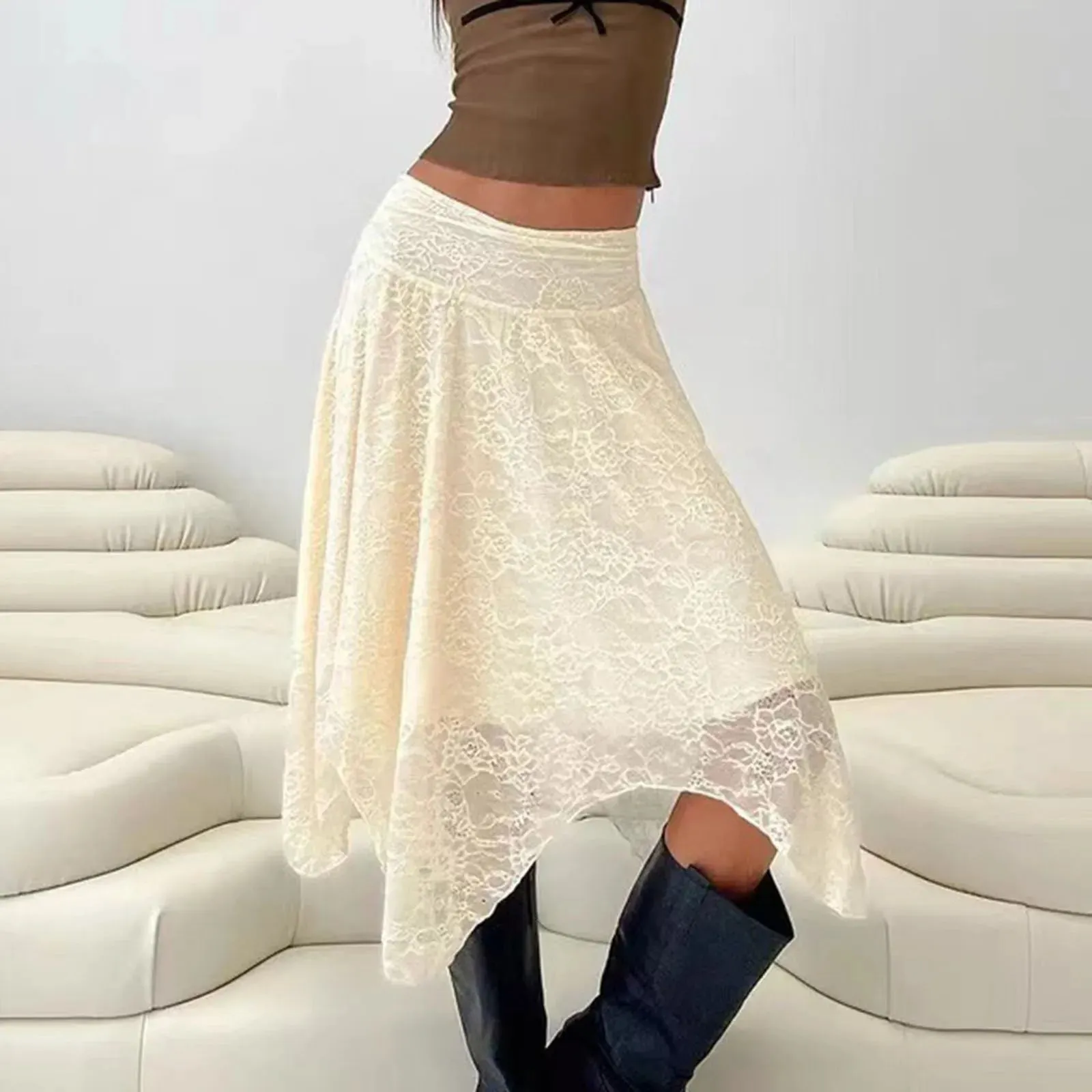 Serena Asymmetric Lace Midi Skirt