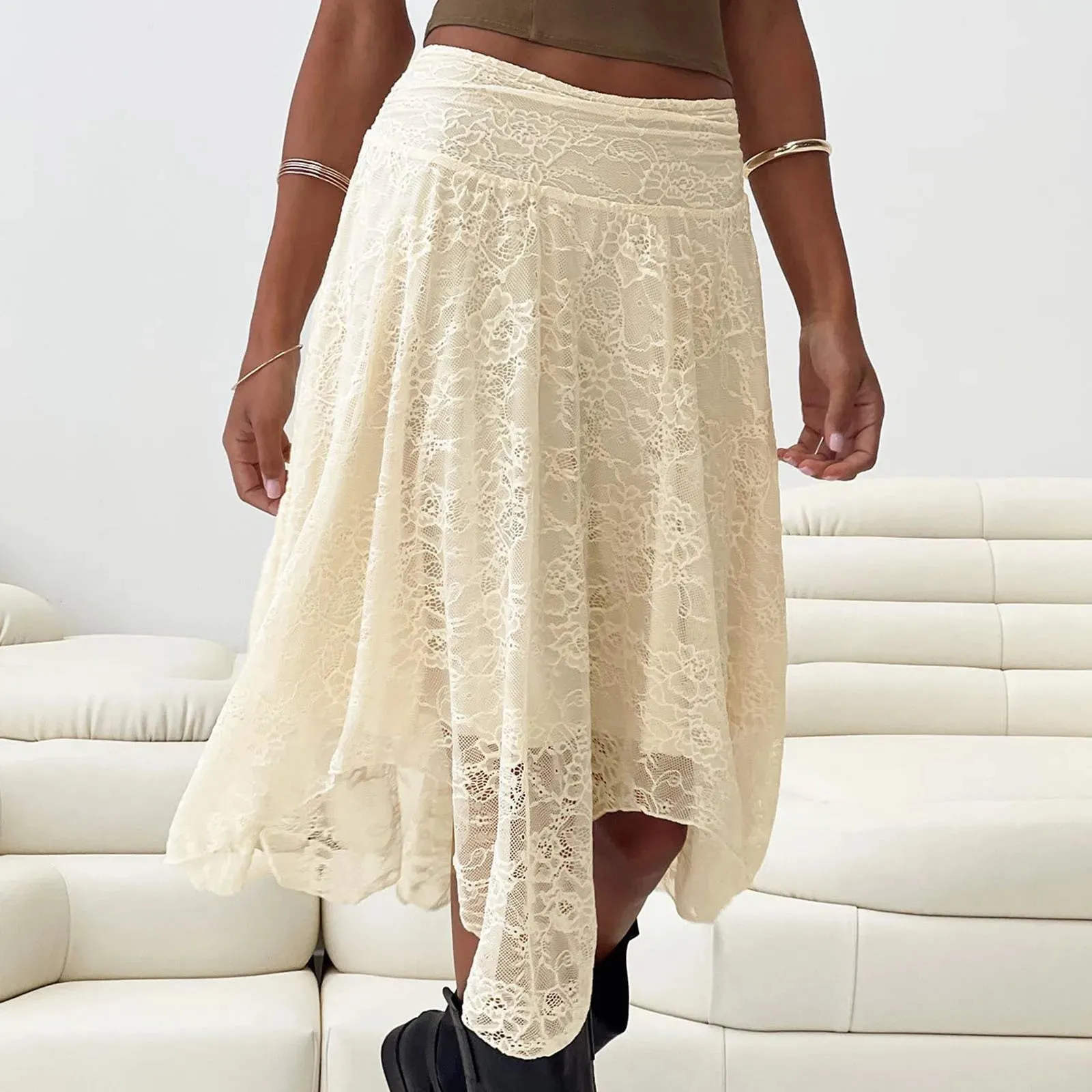 Serena Asymmetric Lace Midi Skirt