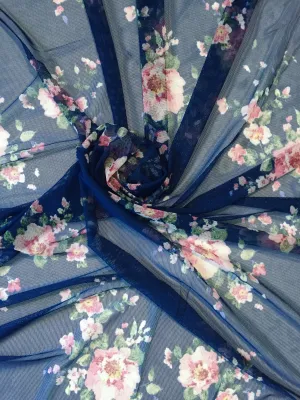 Sheer Floral Mesh ~ Pink Roses on Blue