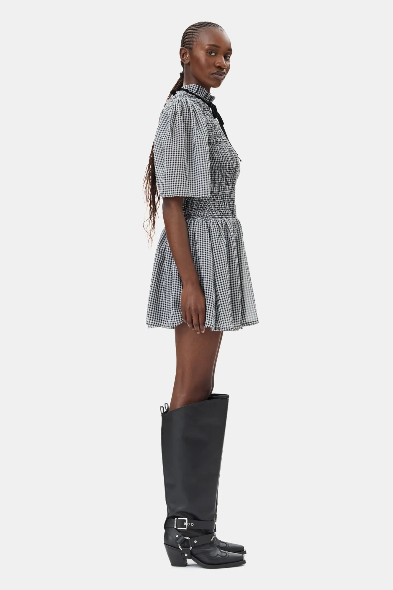 Sheer Fluid Check Mini Smock Dress