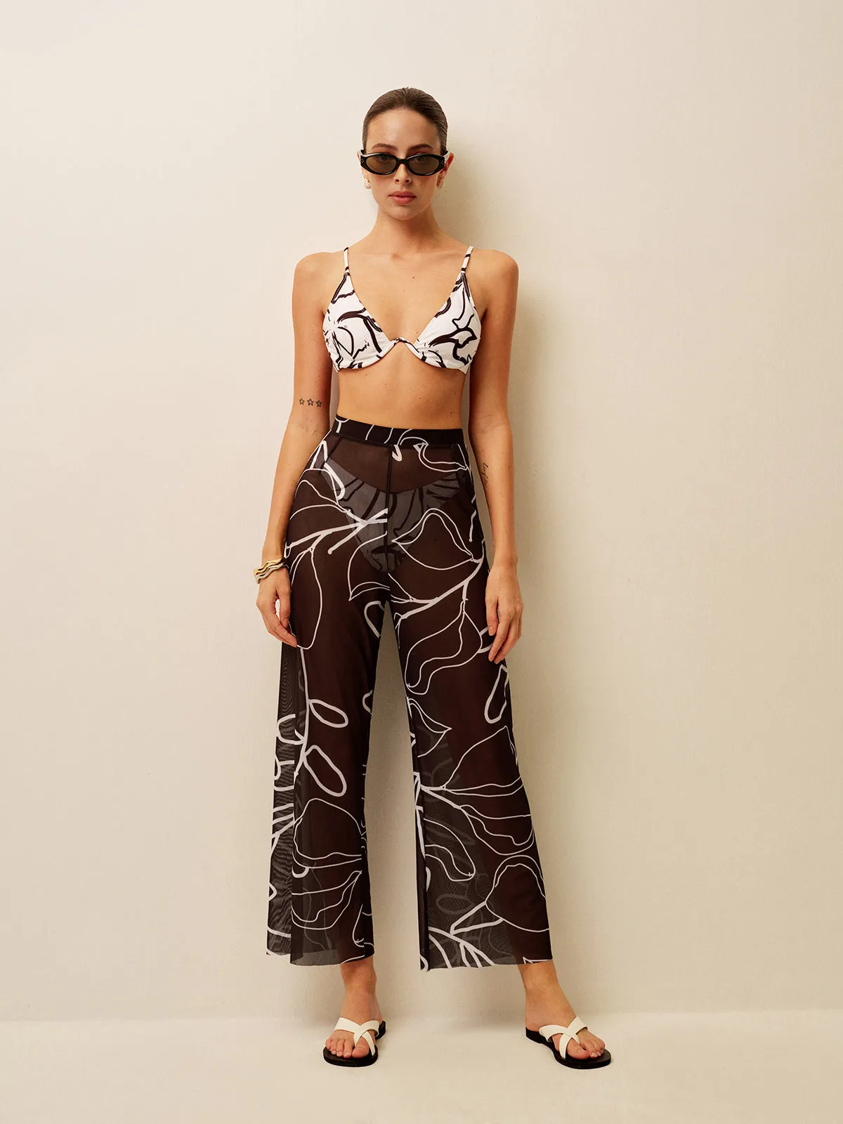 Sheer Printed Wide-Leg Cover-Up Pants
