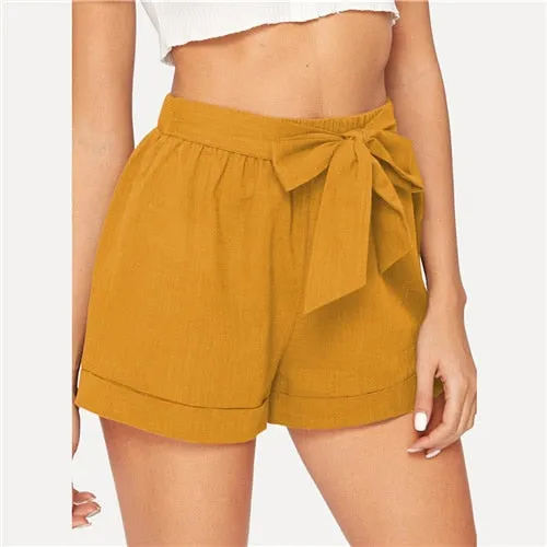 SHEIN Self Belted Elastic Waist Shorts  Army Green Solid Mid Waist  2019 Fashion
