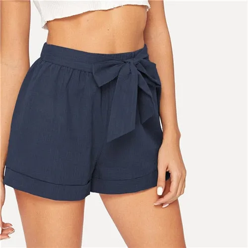 SHEIN Self Belted Elastic Waist Shorts  Army Green Solid Mid Waist  2019 Fashion