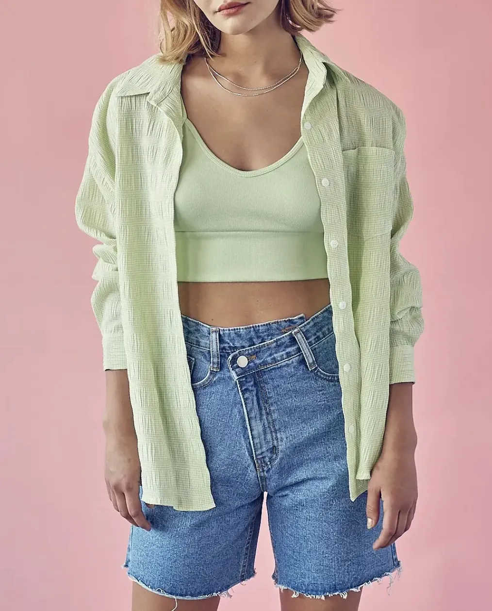 SHIRRED CRINKLED BUTTON-UP SHIRT