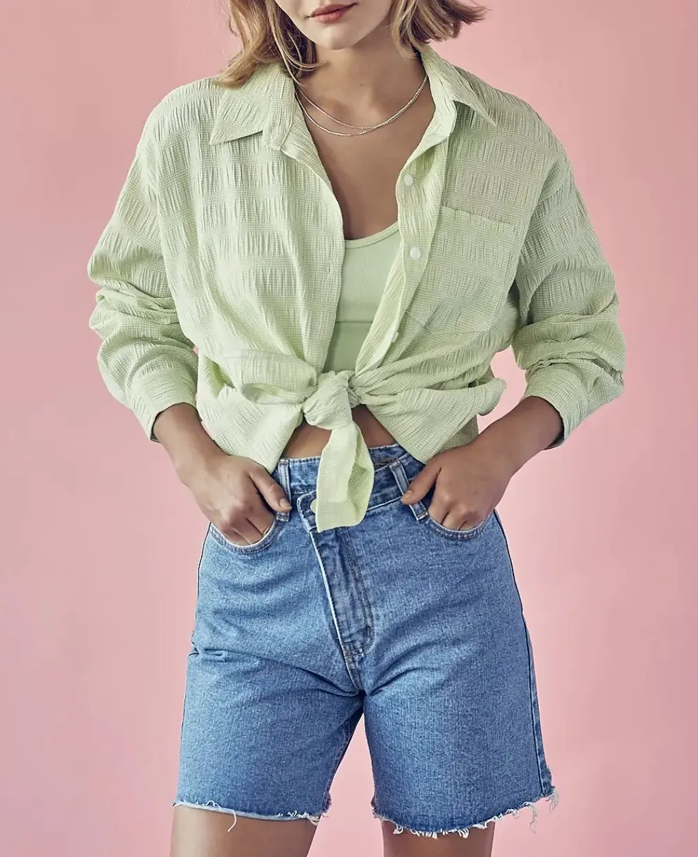 SHIRRED CRINKLED BUTTON-UP SHIRT