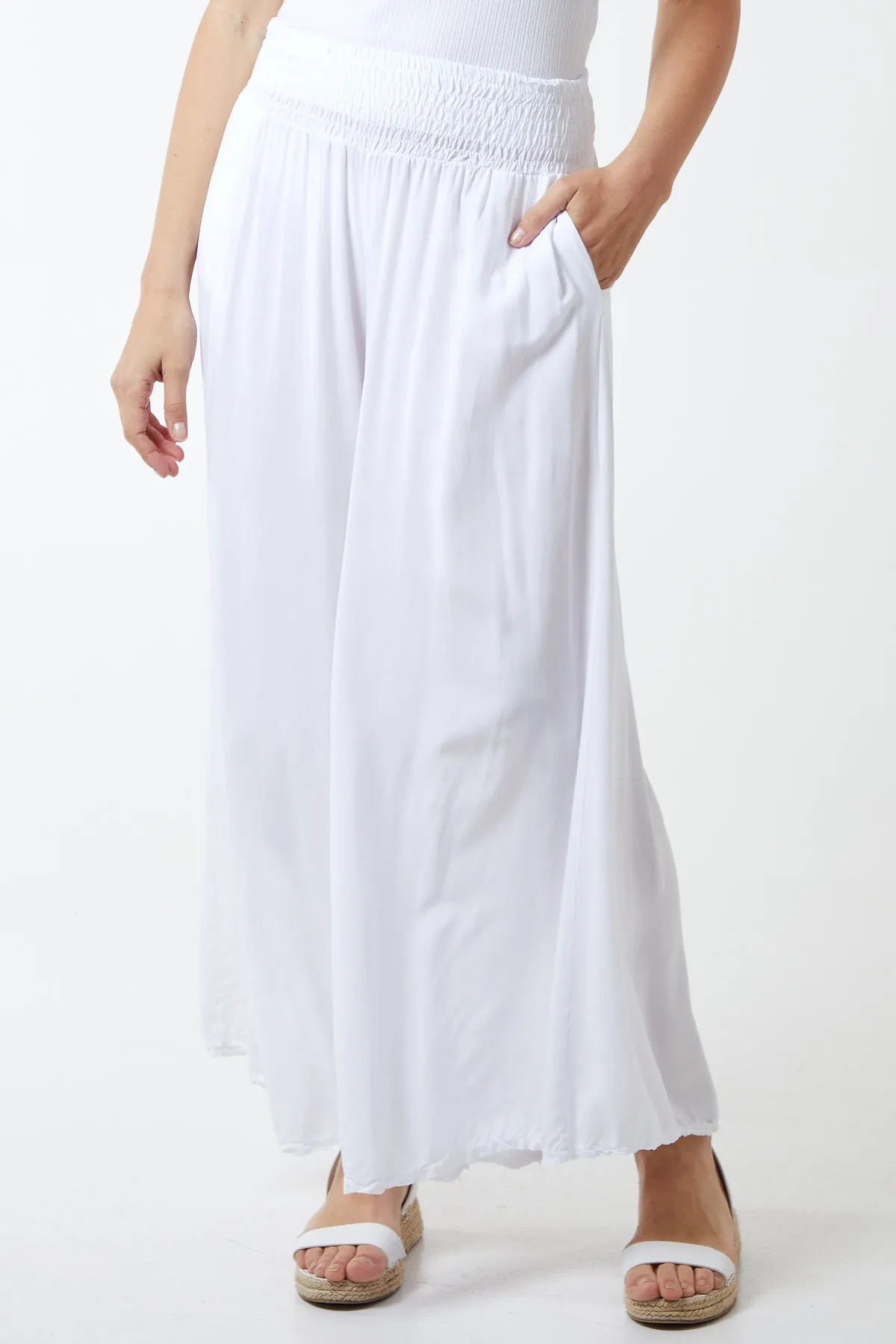 Shirred Deep Waist Band Wide Culottes
