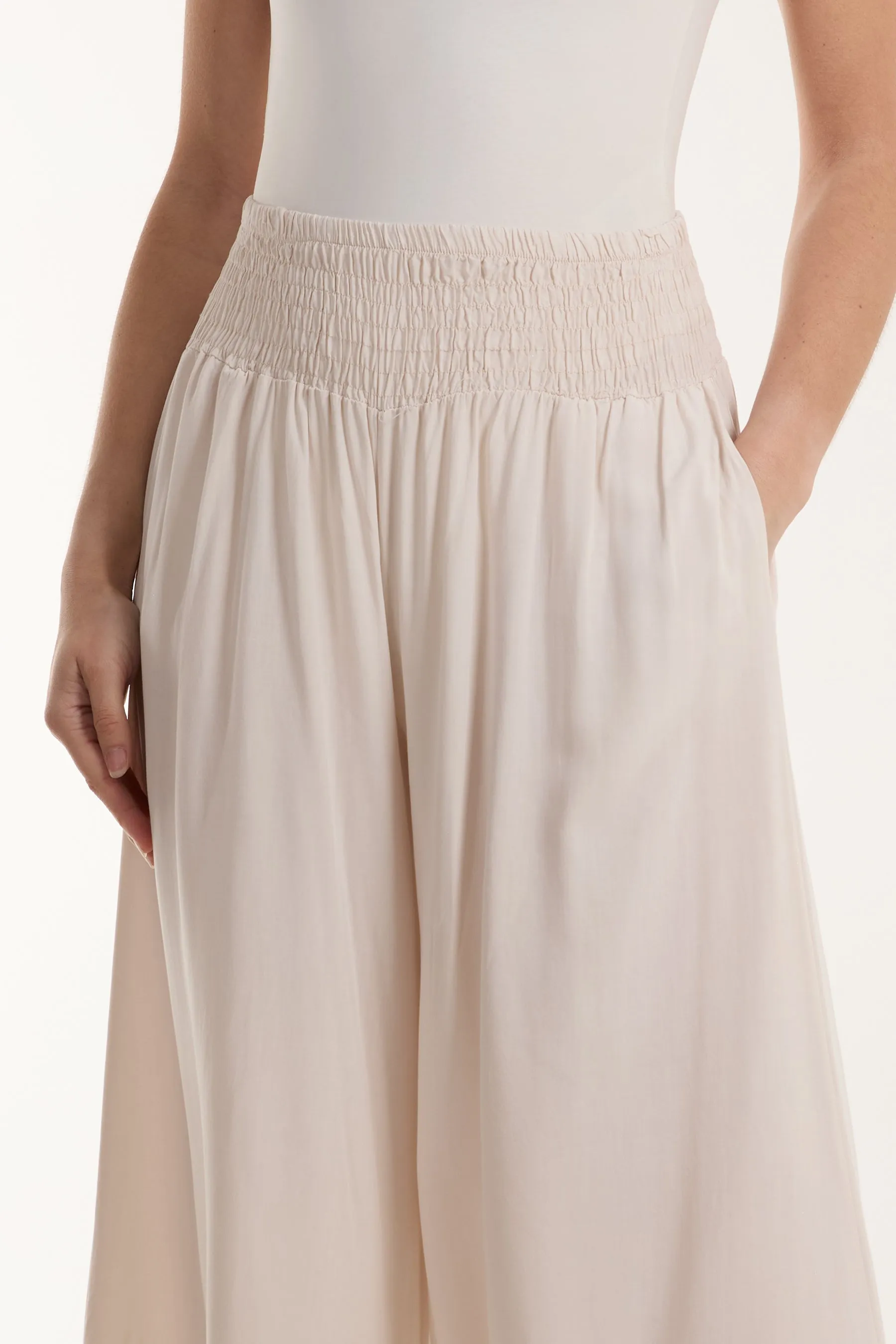 Shirred Deep Waist Band Wide Culottes
